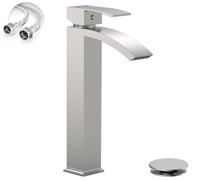 Green Spring Greenspring Brushed Nickel Vessel Sink Faucet, Waterfall Bathroom Faucets, Tall Spout Single Handle Single Hole Bathroom Faucets with Pop Up Drain and Without Overflow Basin Faucet Supply Line - Image 1